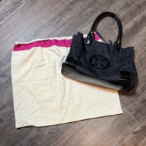 Tory Burch Ella tote bag in nylon with patent leather accents.